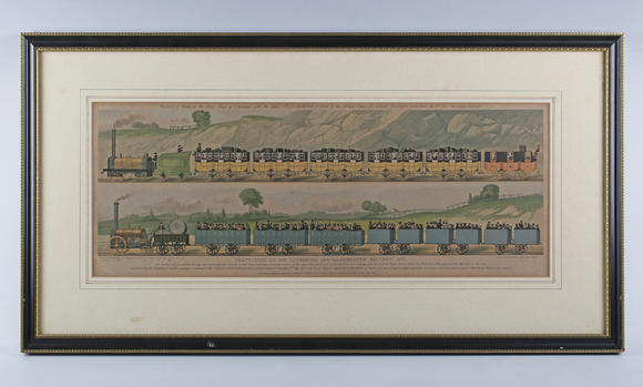TooveysTuck (Raphael & Sons, publishers) - 'Travelling on the Liverpool and Manchester Railway, 1831', a pair, chromolithographs, each 24cm x 64cm, within Ho