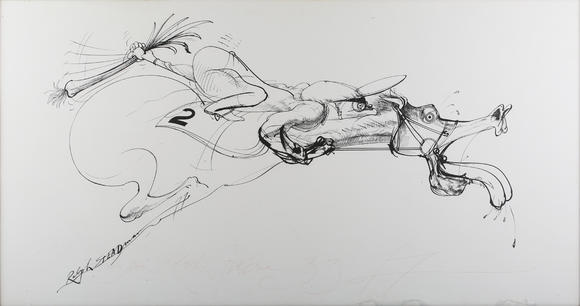 TooveysRalph Steadman (British b.1936) - Racehorse, print, signed and dated 3.3.77 lower centre, 50cm x 95cm, within a black frame, together with a further p