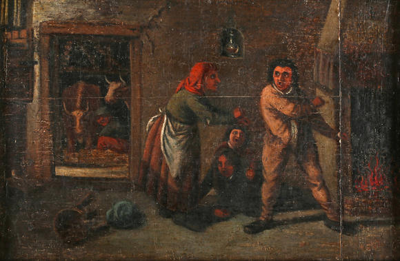 TooveysManner of David Teniers - Family in an interior, oil on panel, 11cm x 16cm, within a Hogarth style frame.