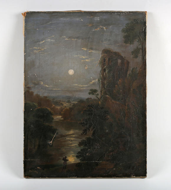 TooveysCircle of Sebastian Pether - Moonlit river scene with ruined tower, oil on canvas, 41cm x 30.5cm, unframed.
