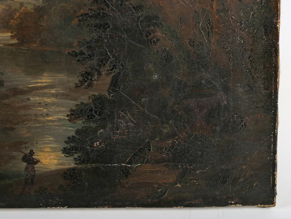 TooveysCircle of Sebastian Pether - Moonlit river scene with ruined tower, oil on canvas, 41cm x 30.5cm, unframed.