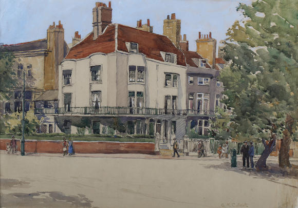 TooveysGrace Marian Collcutt (British 1875-1954)- Street scene with figures, watercolour over pencil, signed lower right, 30cm x 42cm, within an oak frame. P