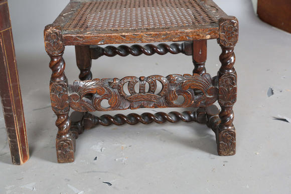 TooveysA George III provincial scumbled pine corner washstand, height 101cm, width 82cm, together with a Carolean walnut framed side chair, height 107cm, wid