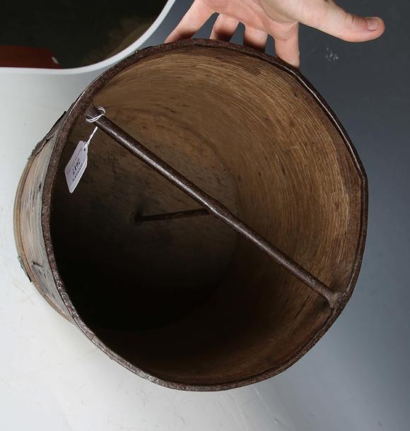 TooveysA 19th century French bentwood and metal bound grain measure, the underside stamped 'CORDIER', height 33cm, diameter 30cm.
