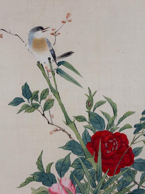 東京新日本謝月梅 花鳥(niǎo)図 絹本鏡片