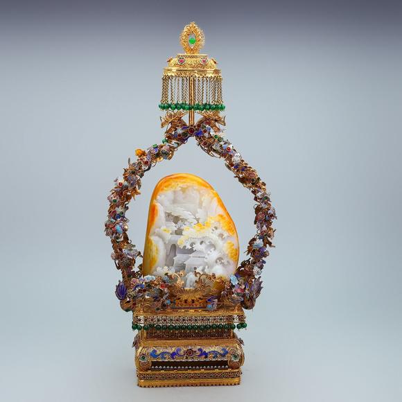 東京蕓術掐絲精品鑲嵌和田玉山水擺件