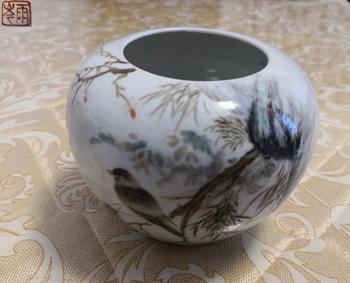 民国·刘雨岑写粉彩月影花鳥诗文园珠水盂