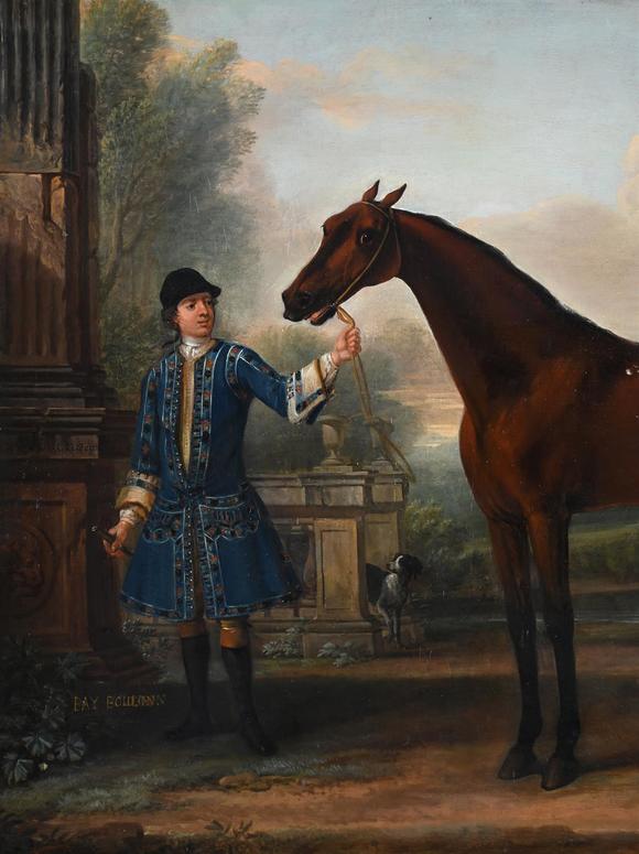 DreweattsJOHN WOOTTON (BRITISH 1686-1765), BAY BOLTON, HELD BY A GROOM, IN A PARKLAND SETTING