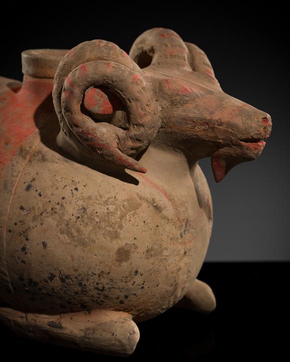 Galerie ZackeA LARGE PAINTED POTTERY ‘RAM’ VESSEL, ZUN, HAN DYNASTY