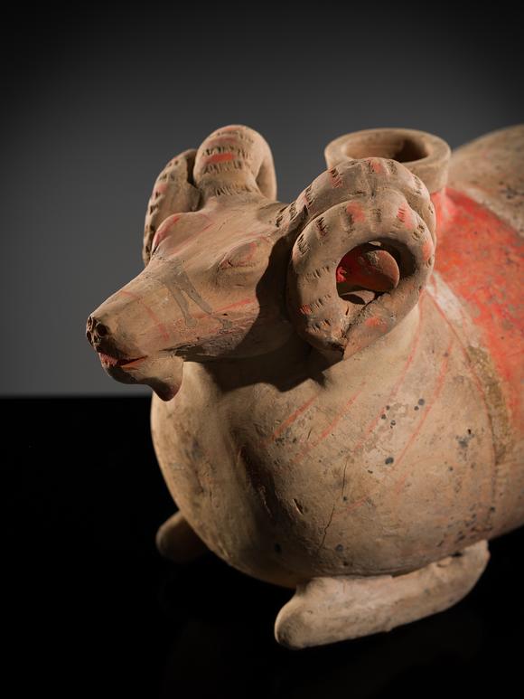 Galerie ZackeA LARGE PAINTED POTTERY ‘RAM’ VESSEL, ZUN, HAN DYNASTY