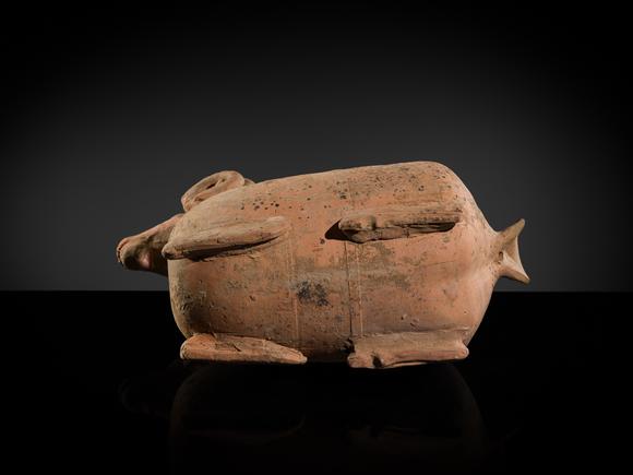 Galerie ZackeA LARGE PAINTED POTTERY ‘RAM’ VESSEL, ZUN, HAN DYNASTY