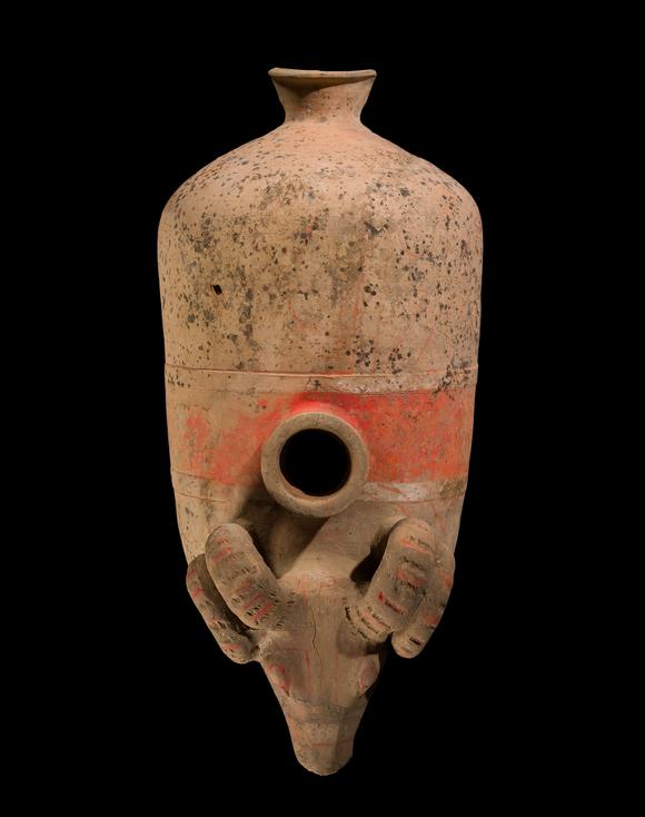 Galerie ZackeA LARGE PAINTED POTTERY ‘RAM’ VESSEL, ZUN, HAN DYNASTY