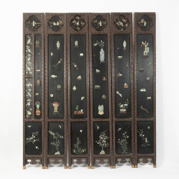 Waddington'sA Jade and Hardstone-Inlaid Black and Gilt-Lacquer Twelve-Panel Floor Screen, Late Qing/Republican Period, 晚清/民國 雕漆嵌寶地屏一套共十二扇