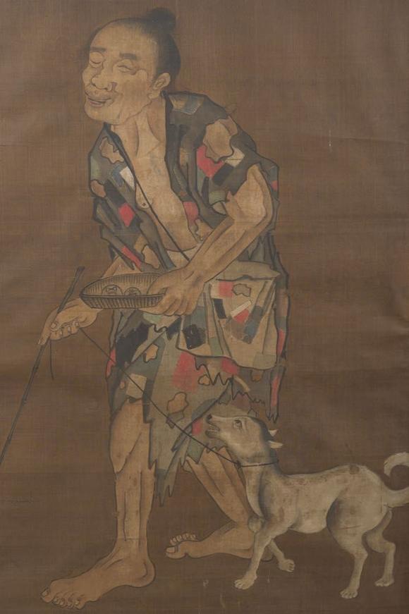 Coronari Auctions BVChinese school: A blind beggar with a dog, ink and colours on silk, probably Ming