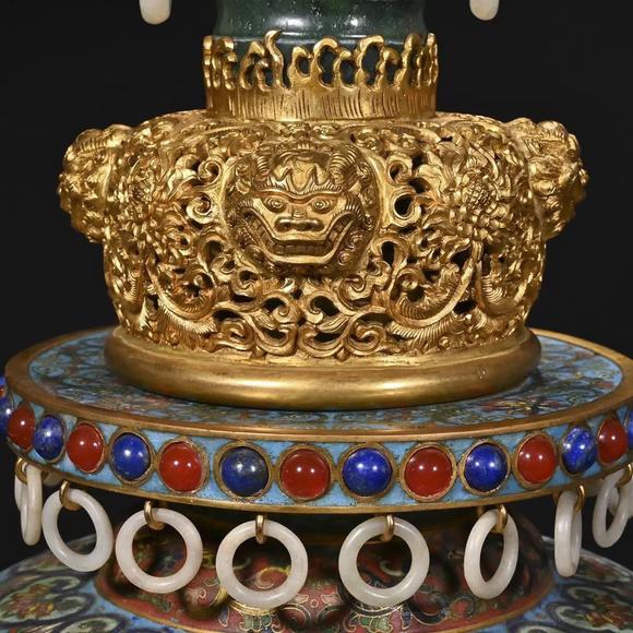 JUBAO HALL AUCTION HOUSE INCPair of Bronze Cloisonné Enamel Jade-Inlaid Scholar's Vases