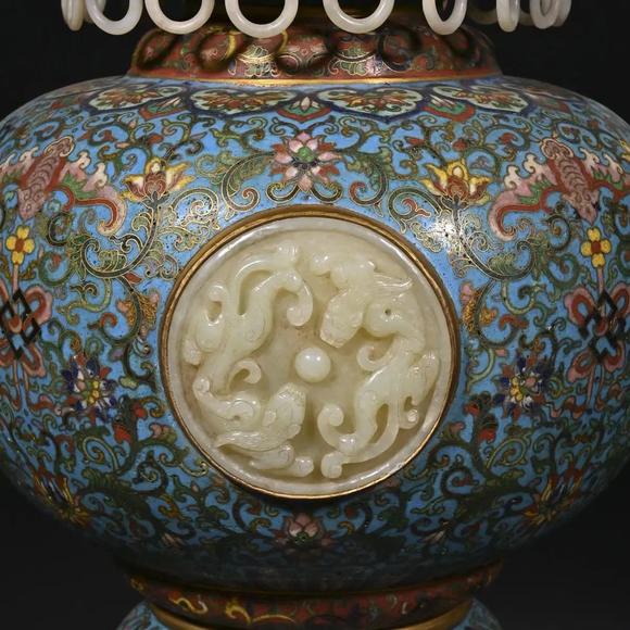 JUBAO HALL AUCTION HOUSE INCPair of Bronze Cloisonné Enamel Jade-Inlaid Scholar's Vases