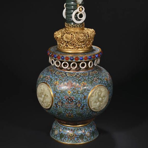 JUBAO HALL AUCTION HOUSE INCPair of Bronze Cloisonné Enamel Jade-Inlaid Scholar's Vases