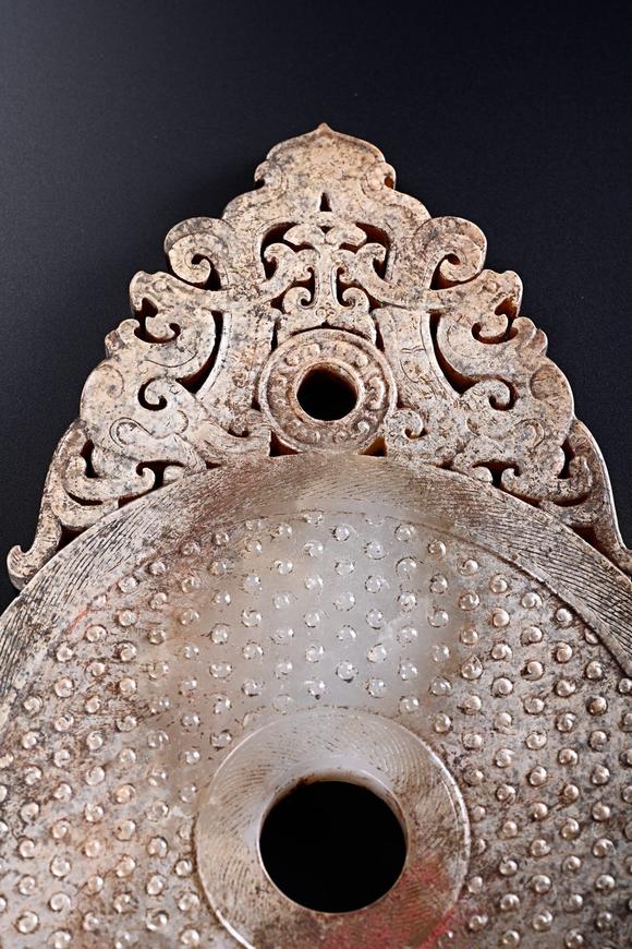 JUBAO HALL AUCTION HOUSE INCPre-Ming Dynasty Jade Bi Disc with Dragon, Phoenix and Grain Patterns