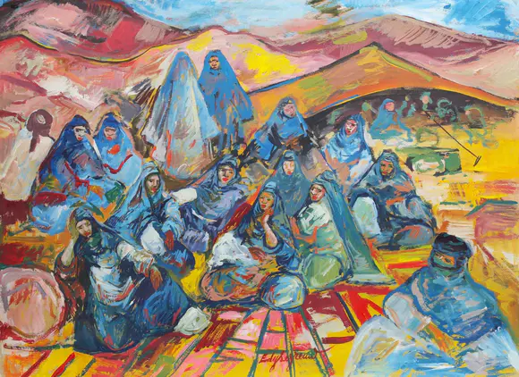 Goldfield Auction sarlsédouard Léon Louis Legrand (1892-1970), Orientalist scene animated by draped female figures in a mountainous landscape, mixed technique in vivid, expressive colors, dynamic composition signed at the bottom.
Condition: Good
Height : 54,5 cm 
Width : 74,5 cm
Weight : 1 kilo 400 gr