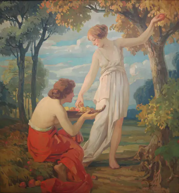 Goldfield Auction sarlsémile BERCHMANS (1867-1947), Young women with a fruit basket. 
Oil on canvas depicting two young women in a bucolic landscape. One, standing under a tree, holds out a piece of fruit, while the other, kneeling, presents a filled basket. The scene unfolds against a luminous backdrop of hills and trees with golden foliage, evoking a timeless, pastoral atmosphere. The figures, treated with softness and elegance, recall the symbolist and decorative aesthetic characteristic of émile Berchmans' work, 