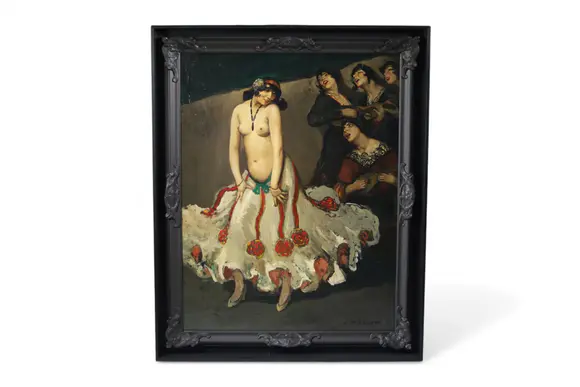 Goldfield Auction sarlsErnest Marneffe (1866-1921) La Danseuse espagnole Oil on canvas depicting a Spanish dancer in an attitude full of grace and movement. The young woman, partially unclothed, animates the scene with an expressive gesture, while her white skirt adorned with ribbons and flowers accompanies the rhythm of the dance. In the background, a group of female musicians accompany her, singing and playing mandolin, creating a festive, theatrical atmosphere. Through the dynamism of the composition, the richness