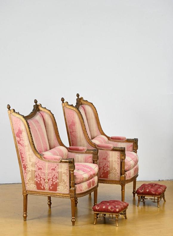 Loeckx AuctioneersA pair of Louis XVI style bergère armchairs…