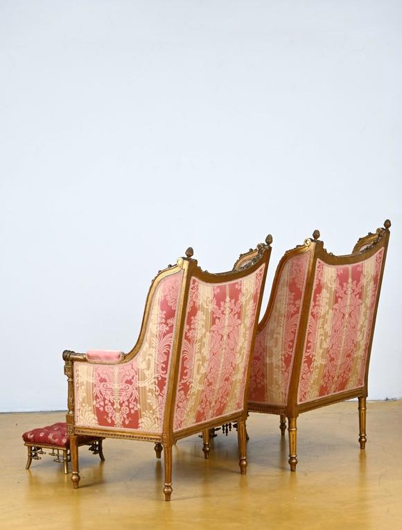 Loeckx AuctioneersA pair of Louis XVI style bergère armchairs…