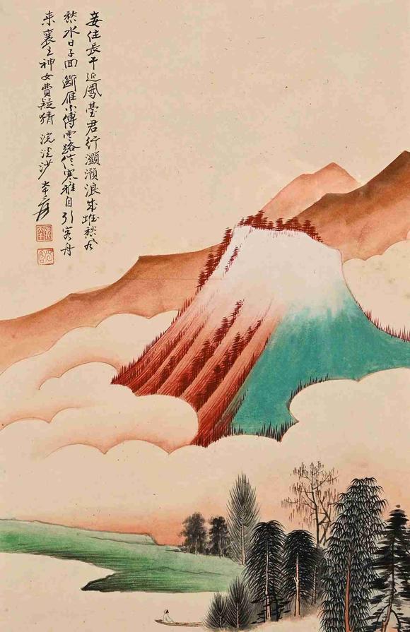 日本松町古美張大千 泊舟山水圖