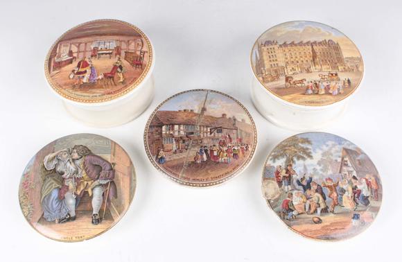 TooveysFive Prattware pot lids, comprising Uncle Toby, The Room In Which Sh
