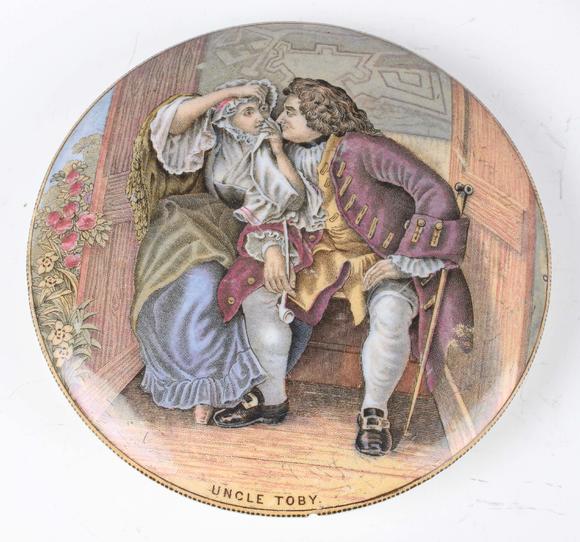 TooveysFive Prattware pot lids, comprising Uncle Toby, The Room In Which Sh