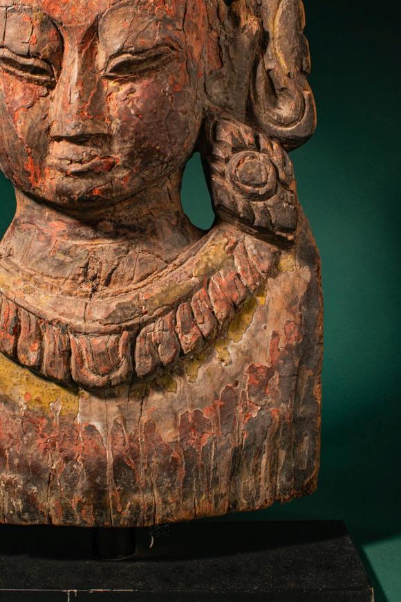 Apollo Art AuctionsCa. 16th century AD, or earlier. >
A finely carved wooden mask depicting a bodhisattva, rendered
