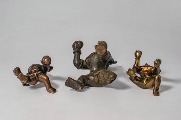 Apollo Art AuctionsCa. 12th-19th century AD. A group of three bronze figures of Krishna as the Butter Thief, each de