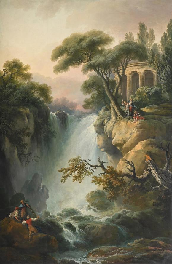 DreweattsITALIAN SCHOOL (18TH CENTURY), LANDSCAPE WITH A WATERFALL AND A TEMPLE