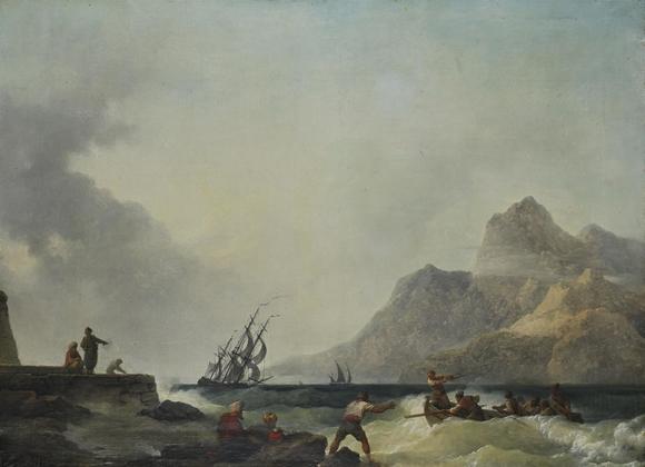 DreweattsPHILIP JAMES DE LOUTHERBOURG (FRENCH 1740-1812), SHIPPING AT SEA WITH FIGURES AND LIGHTHOUSE