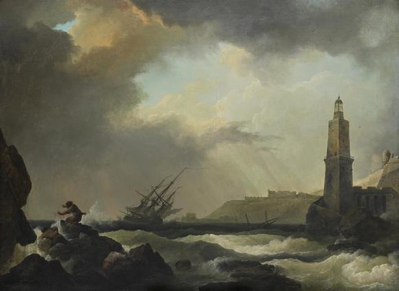 DreweattsPHILIP JAMES DE LOUTHERBOURG (FRENCH 1740-1812), SHIPPING AT SEA WITH FIGURES AND LIGHTHOUSE
