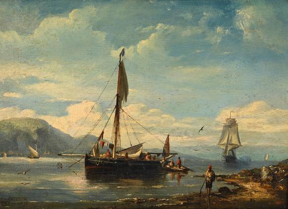 DreweattsFOLLOWER OF EUGéNE MODESTE EDMOND LE POITTEVIN, FISHING BOAT OFF SHORE WITH A MAN-O-WAR BEYOND