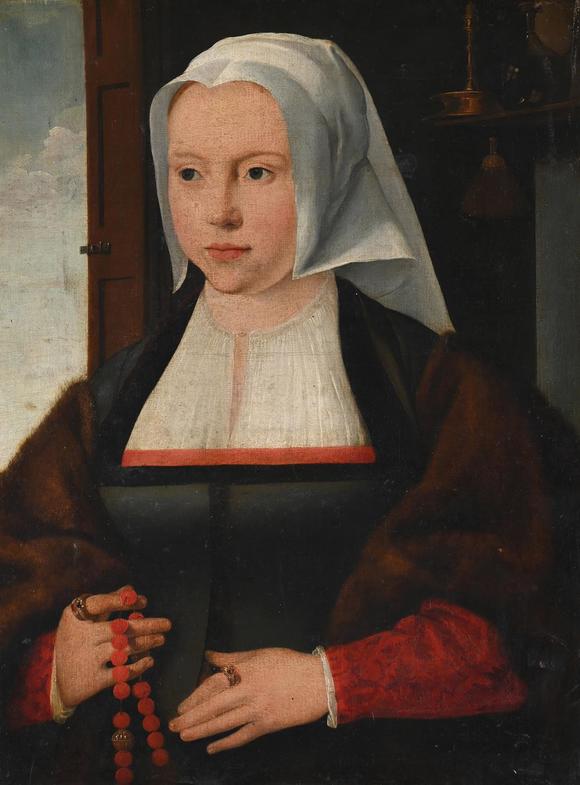 DreweattsAFTER JOOS VAN CLEVE, HALF LENGTH PORTRAIT OF LADY IN GREEN DRESS