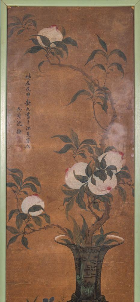 Bertolami Fine ArtA rare four-panel painting depicting scholarly objects and flowers in vases. Ink and pigments on paper. Benzoni Collection, China, Qing Dynasty (1644–1912).