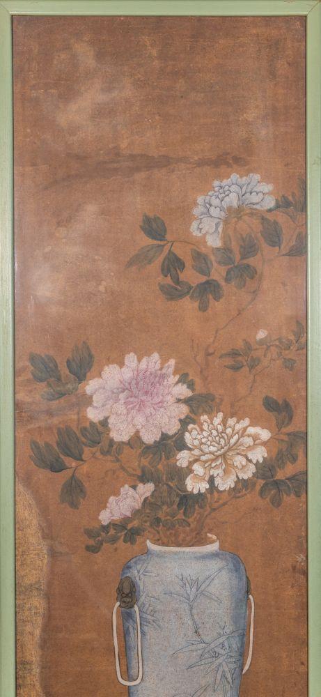 Bertolami Fine ArtA rare four-panel painting depicting scholarly objects and flowers in vases. Ink and pigments on paper. Benzoni Collection, China, Qing Dynasty (1644–1912).