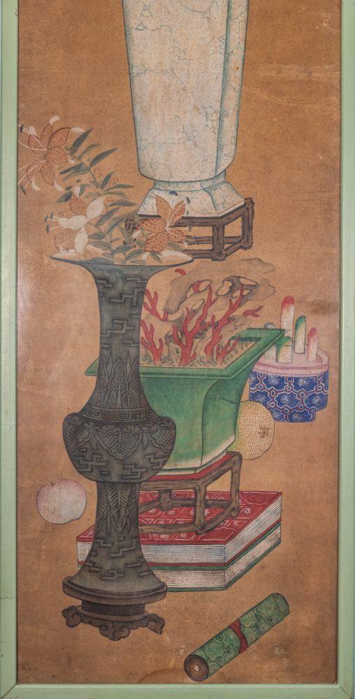 Bertolami Fine ArtA rare four-panel painting depicting scholarly objects and flowers in vases. Ink and pigments on paper. Benzoni Collection, China, Qing Dynasty (1644–1912).
