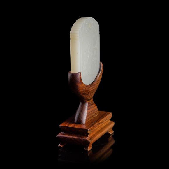 Oakridge Auction Gallery十八世紀(jì)晚/十九世紀(jì)早 白玉山水詩文牌(附木座）  A Chinese carved white jade 'landscape' and 'inscription' plaque