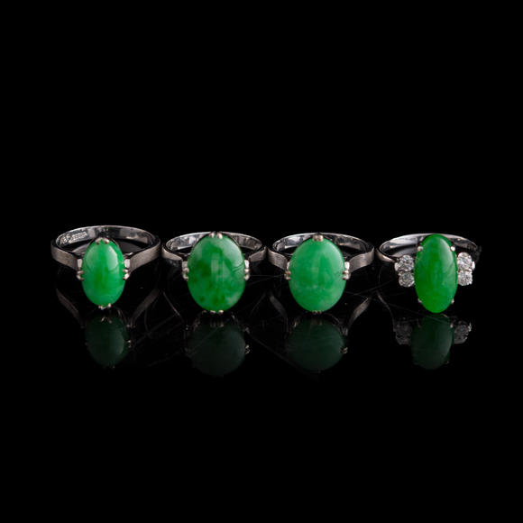 Oakridge Auction Gallery金屬鑲翡翠戒指四隻  Four Chinese jadeite-set white metal rings