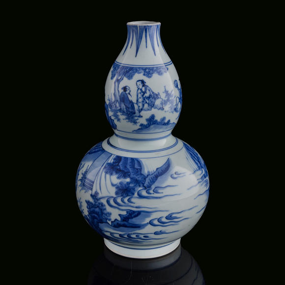 Oakridge Auction Gallery明崇禎 青花人物葫蘆瓶  A Chinese blue and white double gourd-form vase