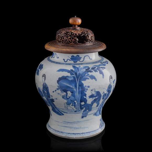 Oakridge Auction Gallery清康熙 青花三娘教子圖將軍罐（附硬木蓋）  A Chinese blue and white 'Sanniang Teaching Her Son' narrative jar