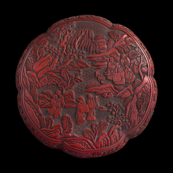 Oakridge Auction Gallery清代 剔紅雕八仙人物花口捧盒  A Chinese cinnabar 'immortals' foliate lidded box