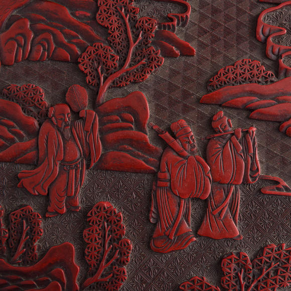Oakridge Auction Gallery清代 剔紅雕八仙人物花口捧盒  A Chinese cinnabar 'immortals' foliate lidded box