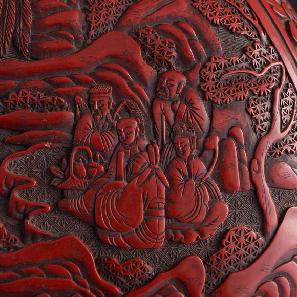 Oakridge Auction Gallery清代 剔紅雕八仙人物花口捧盒  A Chinese cinnabar 'immortals' foliate lidded box