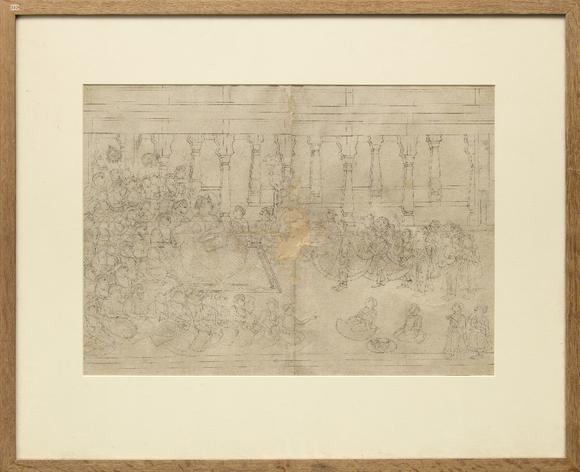 RoseberysA large preparatory drawing of a ruler in durbar,
Possibly Udaipur, Rajasthan, North India, second half 19th century,?

On paper, in a large pavil