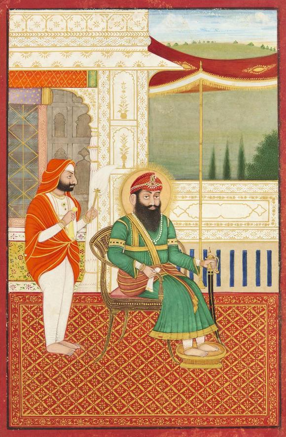 RoseberysA concertina album of ten seated portraits of Sikh rulers,?
North India, late 19th century,?

opaque pigments heightened with gold, each identifi