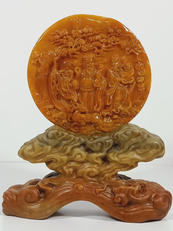 日本松町古美田黃石福祿壽擺件